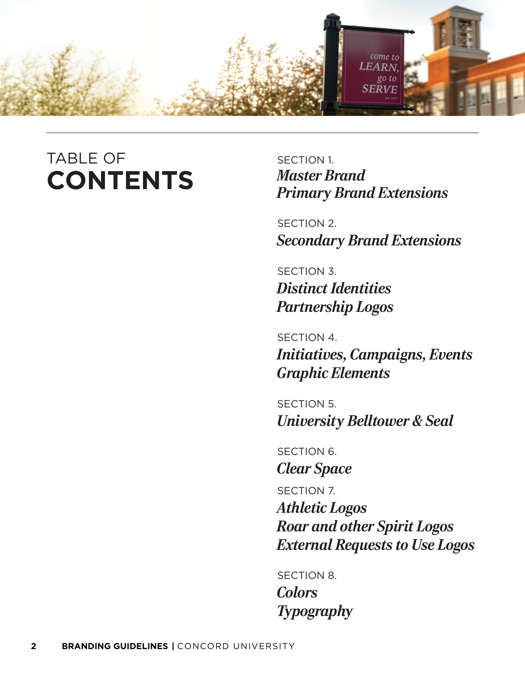 Concord University Branding Guidelines — Table of Contents