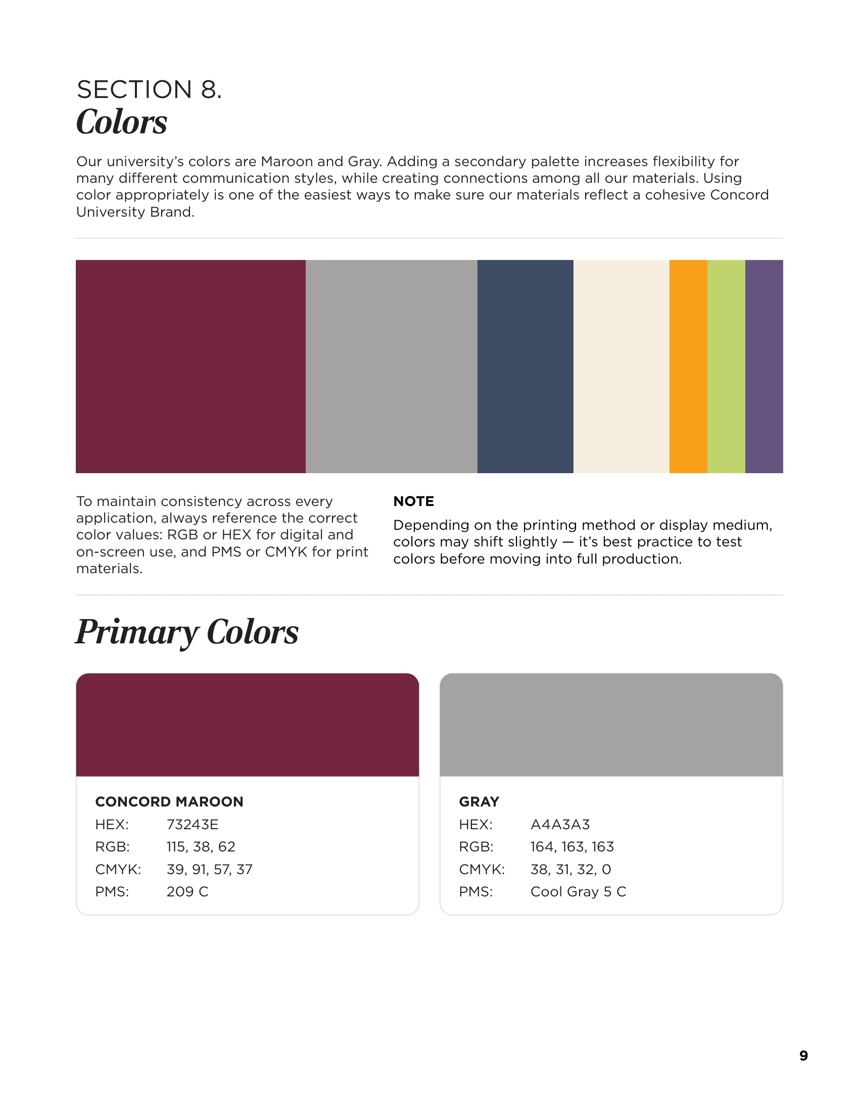 Concord University Branding Guidelines — Primary Brand Colors