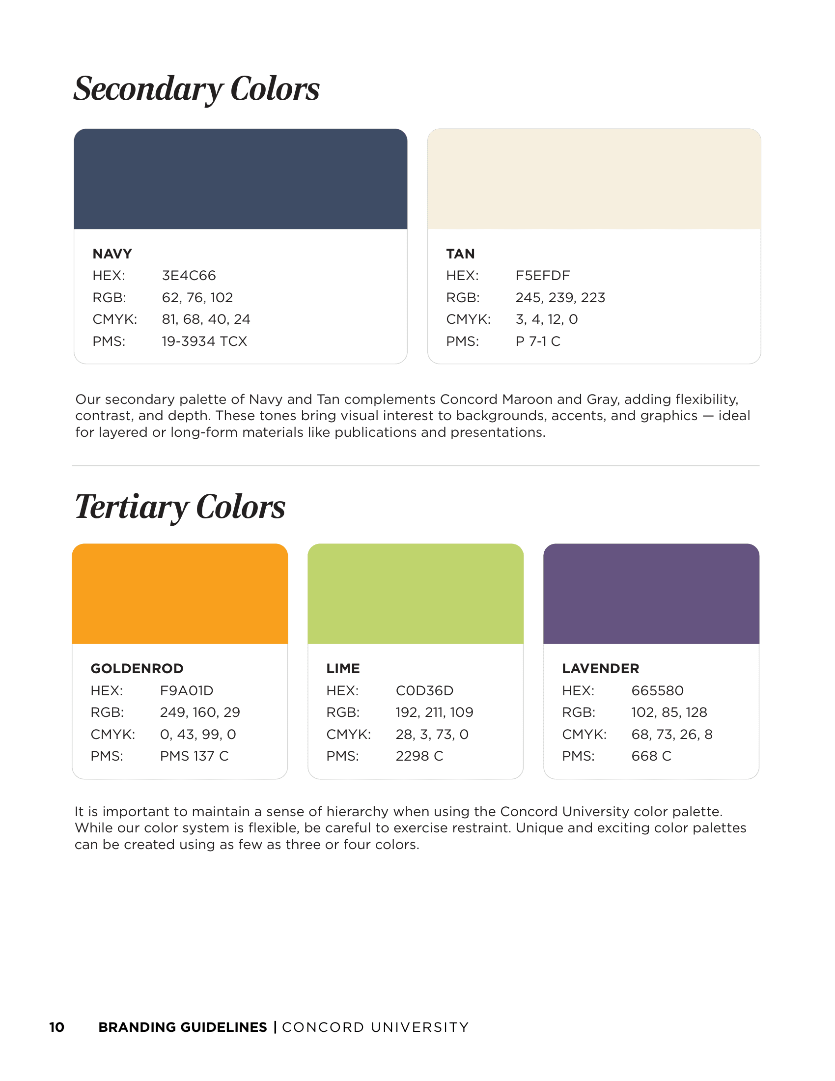 Concord University Branding Guidelines — Secondary & Tertiary Color Palette